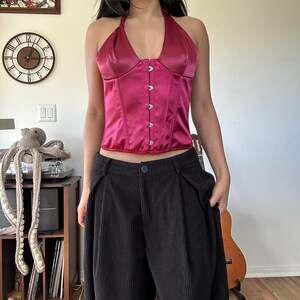 Red Satin Halter Corset Top, Lace-Up Back, Vampire Aesthetic — Size S